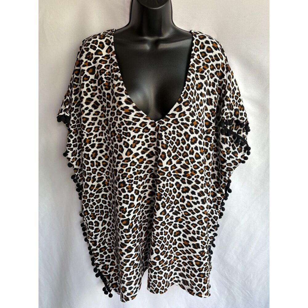Xhilaration Leopard Cheetah Pom Pom Trim Kaftan Swim Cover Batwing Sleeve Size M